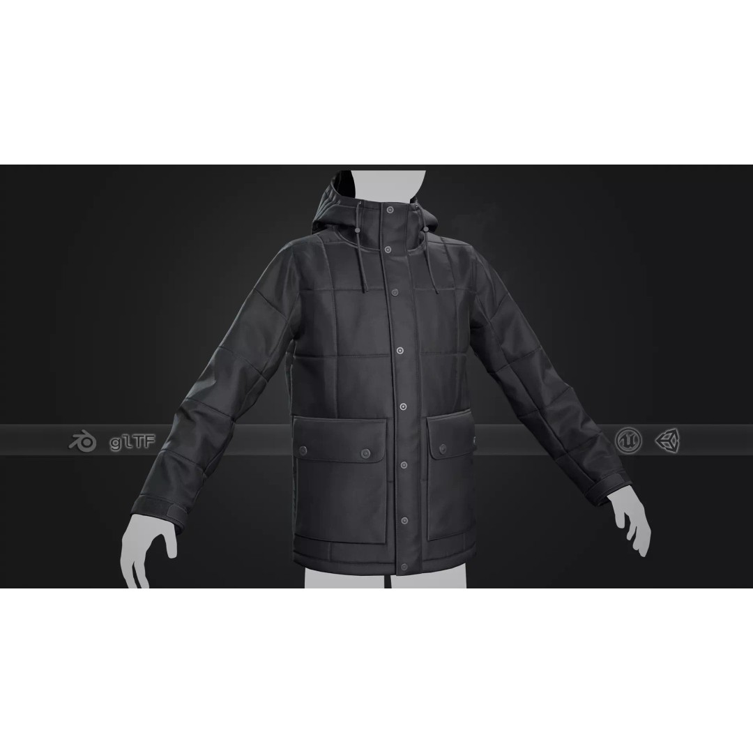Black Winter Jacket 3D Model – Low Poly PBR Asset, FBX, OBJ - View 2