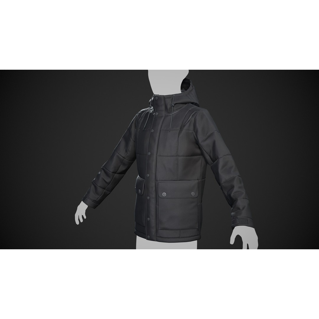 Black Winter Jacket 3D Model – Low Poly PBR Asset, FBX, OBJ - View 3