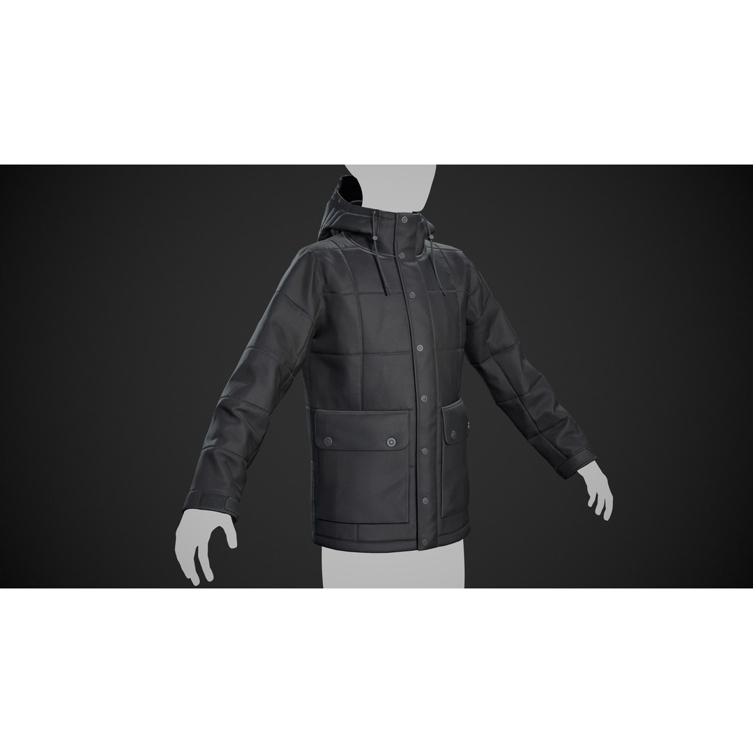 Black Winter Jacket 3D Model – Low Poly PBR Asset, FBX, OBJ - View 4