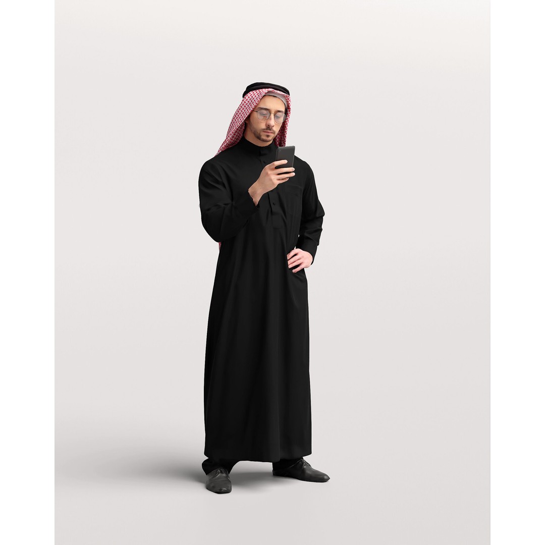 Arab Man 3D Model – Realistic Character in Thobe with Phone, FBX