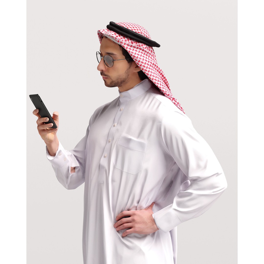 Arab Man 3D Model – Realistic Character in Thobe with Phone, FBX - View 11