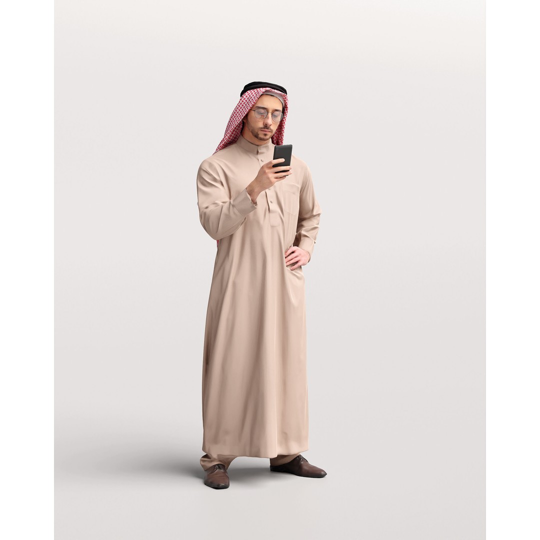 Arab Man 3D Model – Realistic Character in Thobe with Phone, FBX - View 12