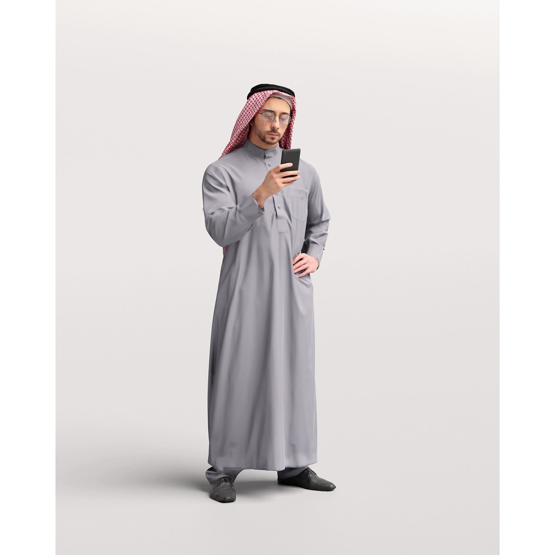 Arab Man 3D Model – Realistic Character in Thobe with Phone, FBX - View 13