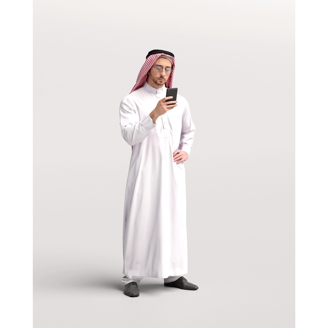 Arab Man 3D Model – Realistic Character in Thobe with Phone, FBX - View 5