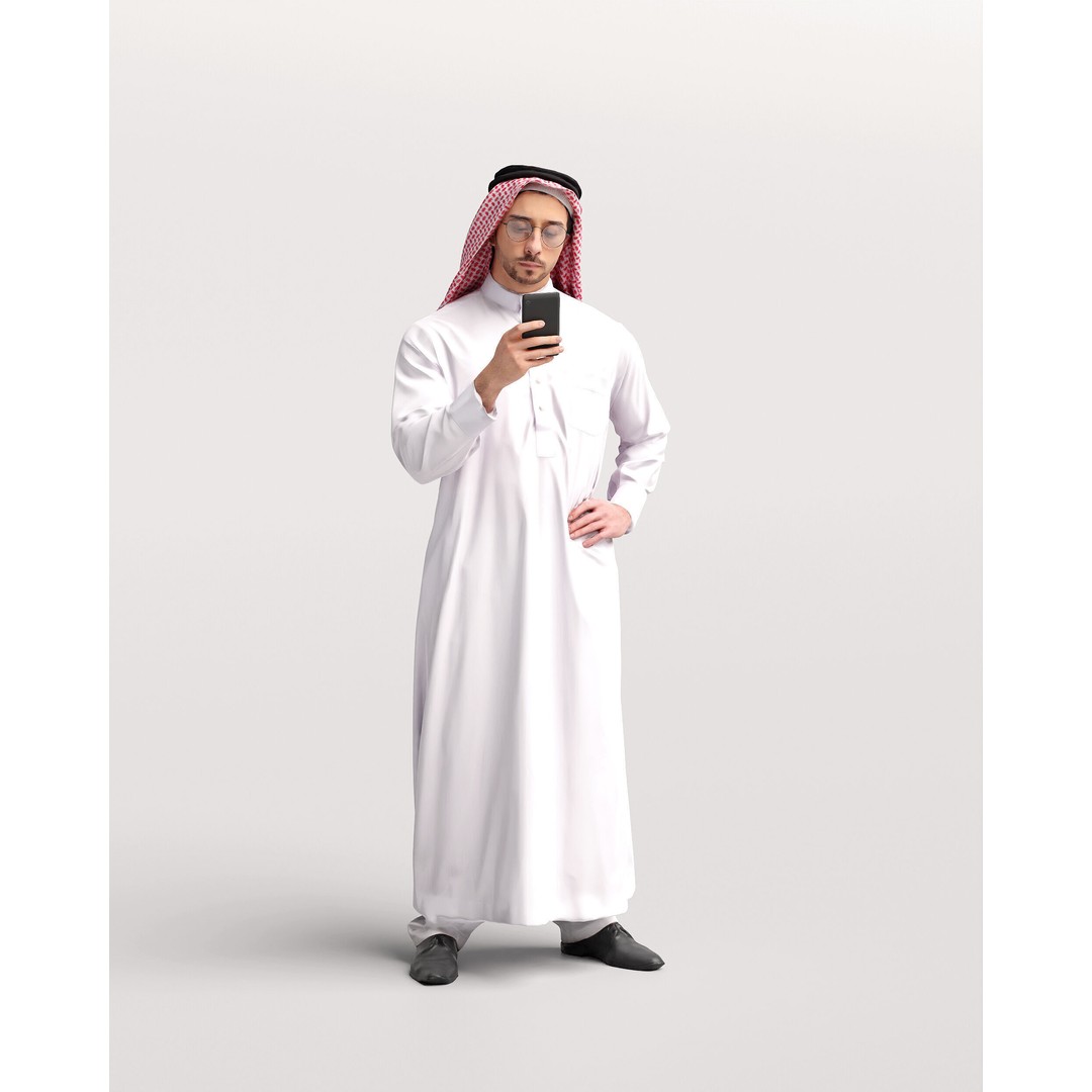 Arab Man 3D Model – Realistic Character in Thobe with Phone, FBX - View 7