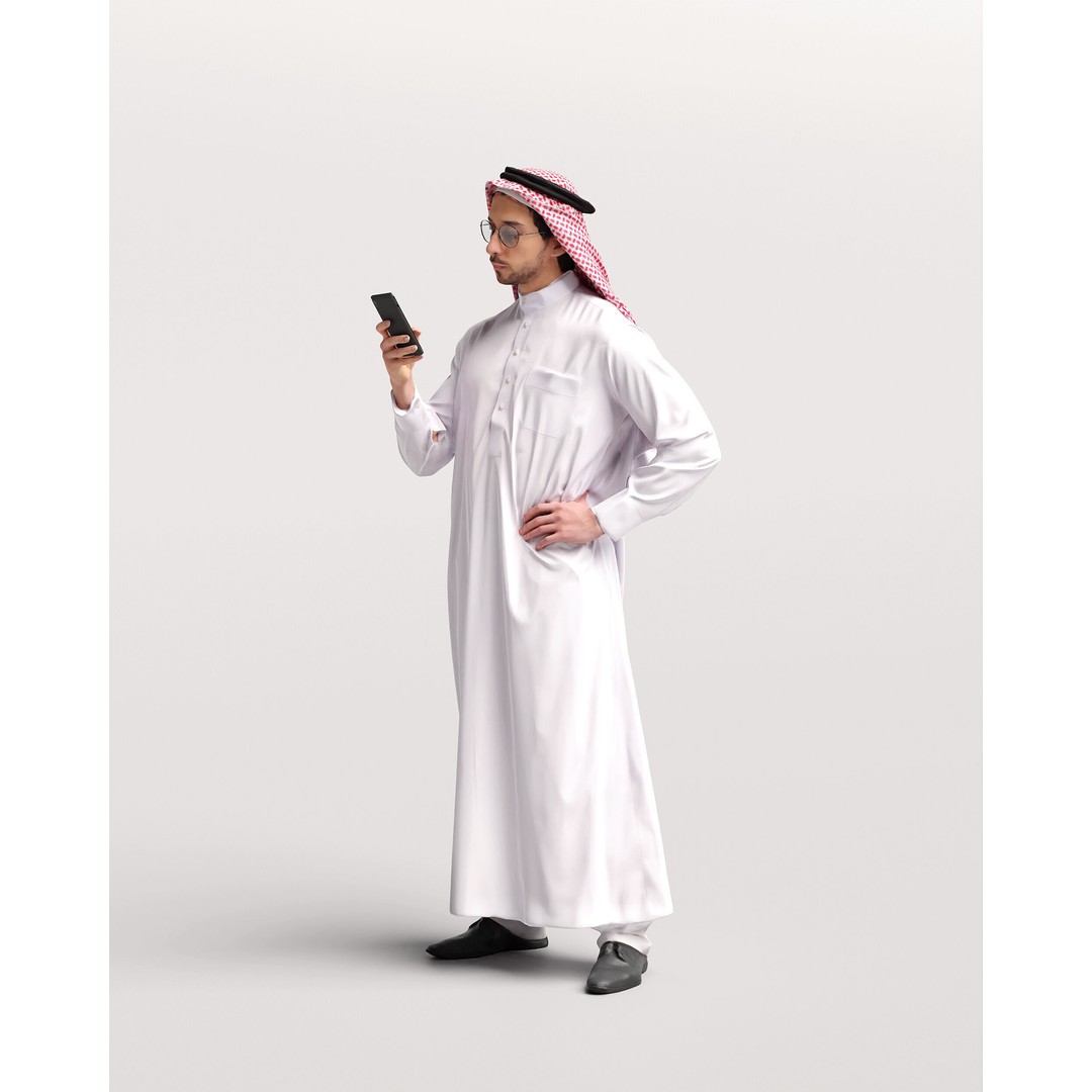 Arab Man 3D Model – Realistic Character in Thobe with Phone, FBX - View 9