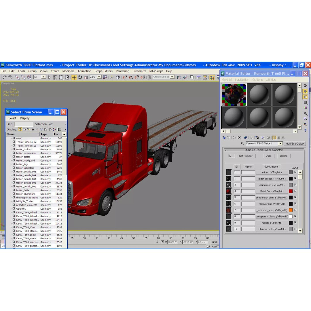 Kenworth T660 Flatbed 3D Model – High Poly Truck with Trailer, FBX, OBJ - View 29