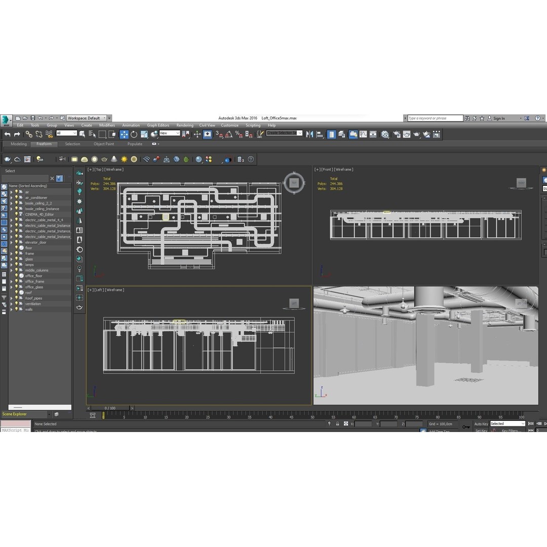 Loft Office Interior 3D Model – Industrial Design, Cinema4D, Vray