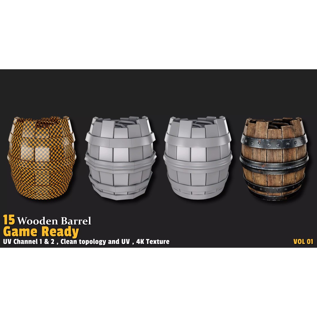Wooden Barrel 3D Model – Low Poly Game Ready Asset, FBX, OBJ