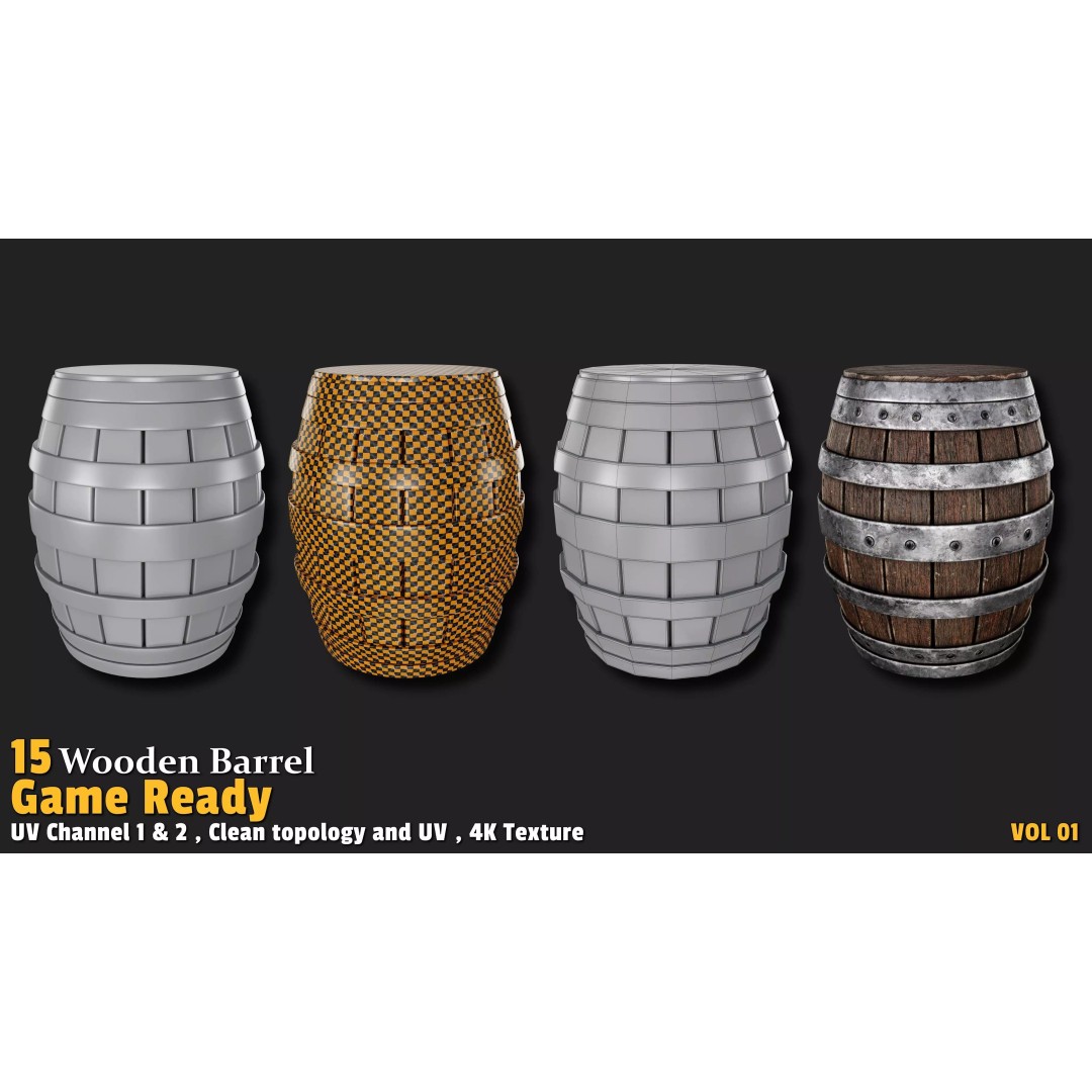 Wooden Barrel 3D Model – Low Poly Game Ready Asset, FBX, OBJ - View 10