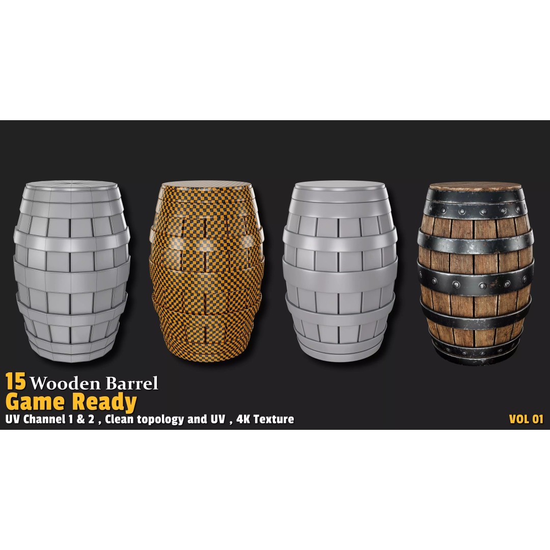 Wooden Barrel 3D Model – Low Poly Game Ready Asset, FBX, OBJ - View 11