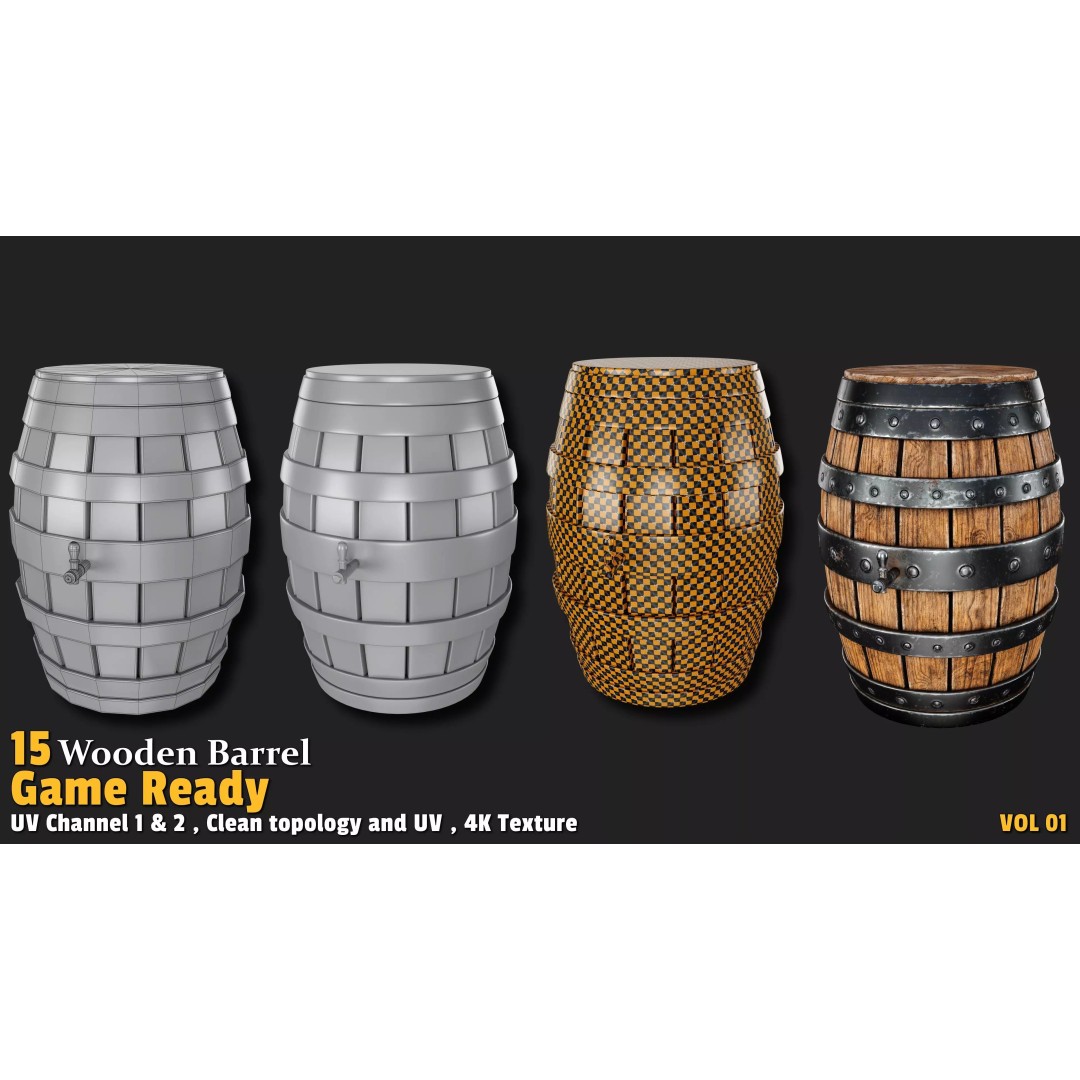 Wooden Barrel 3D Model – Low Poly Game Ready Asset, FBX, OBJ - View 12