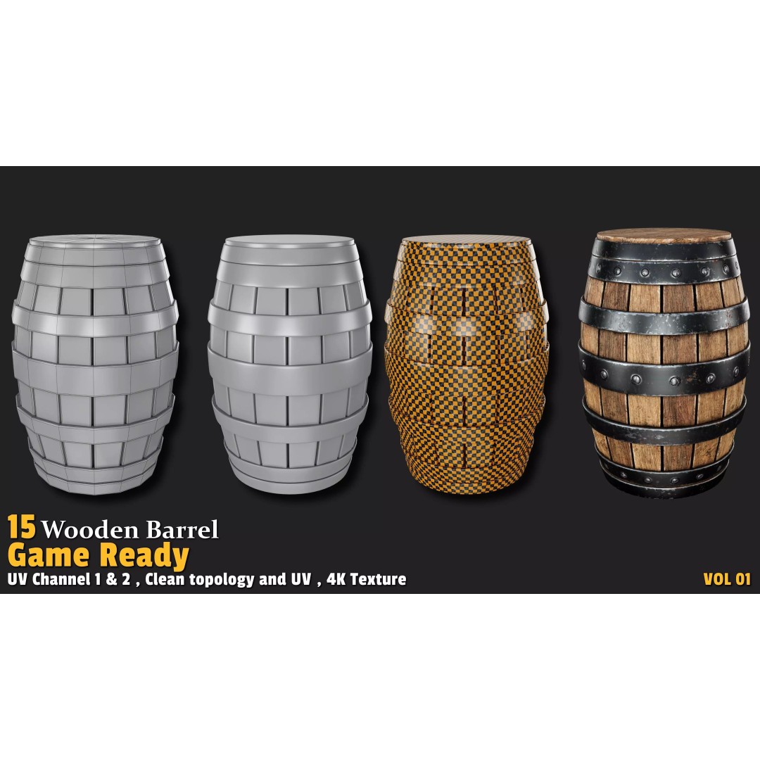 Wooden Barrel 3D Model – Low Poly Game Ready Asset, FBX, OBJ - View 13