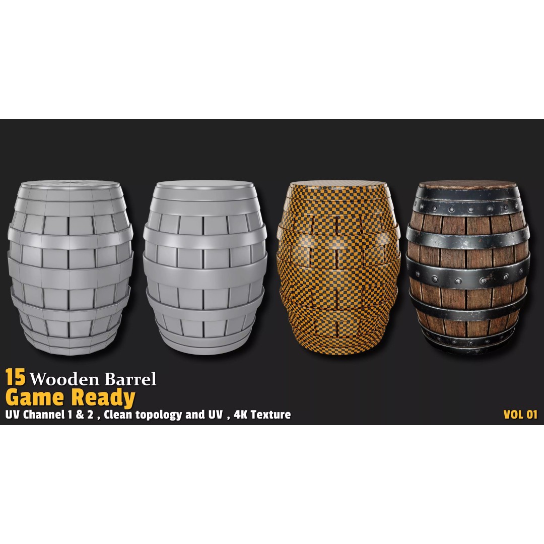 Wooden Barrel 3D Model – Low Poly Game Ready Asset, FBX, OBJ - View 14