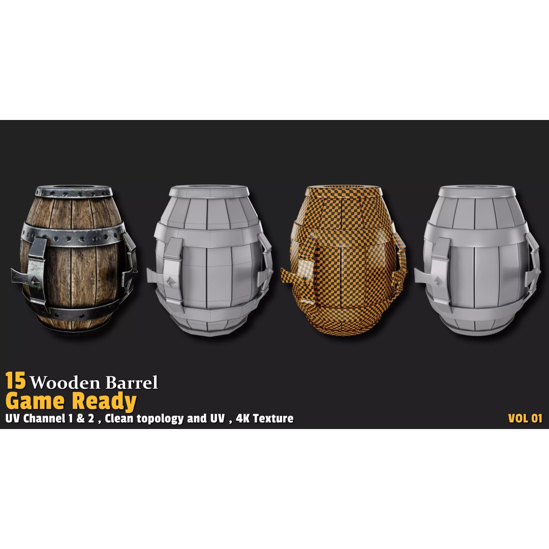Wooden Barrel 3D Model – Low Poly Game Ready Asset, FBX, OBJ - View 15