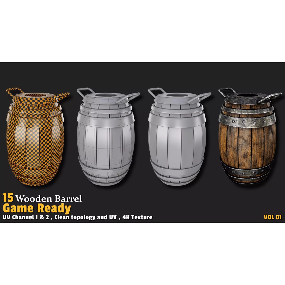 Wooden Barrel 3D Model – Low Poly Game Ready Asset, FBX, OBJ - View 16