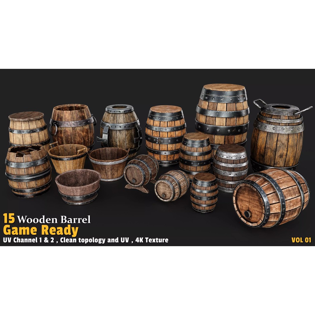 Wooden Barrel 3D Model – Low Poly Game Ready Asset, FBX, OBJ - View 2
