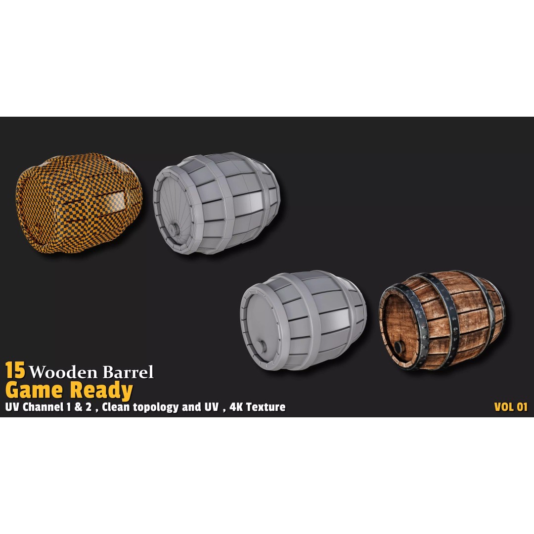 Wooden Barrel 3D Model – Low Poly Game Ready Asset, FBX, OBJ - View 3