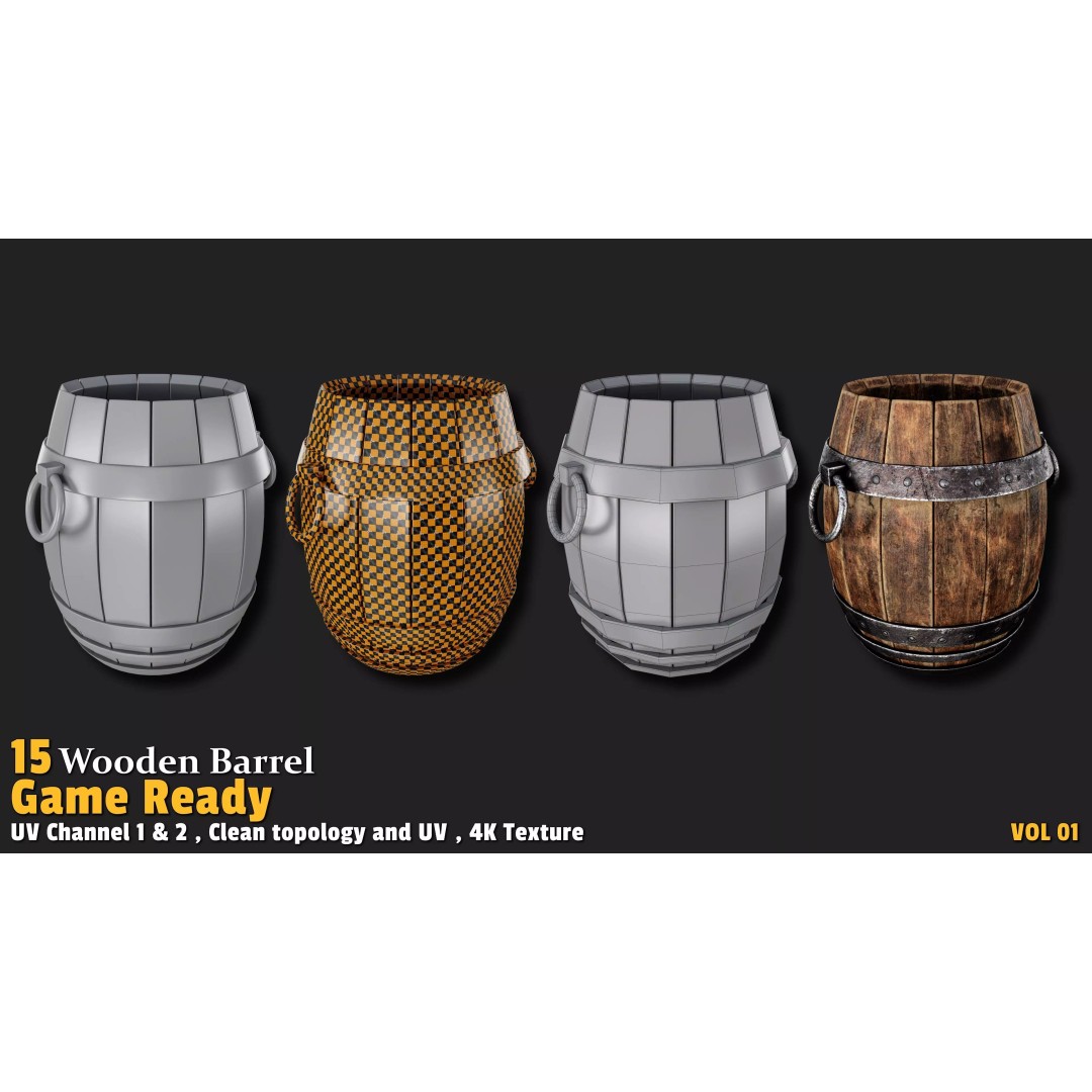 Wooden Barrel 3D Model – Low Poly Game Ready Asset, FBX, OBJ - View 4