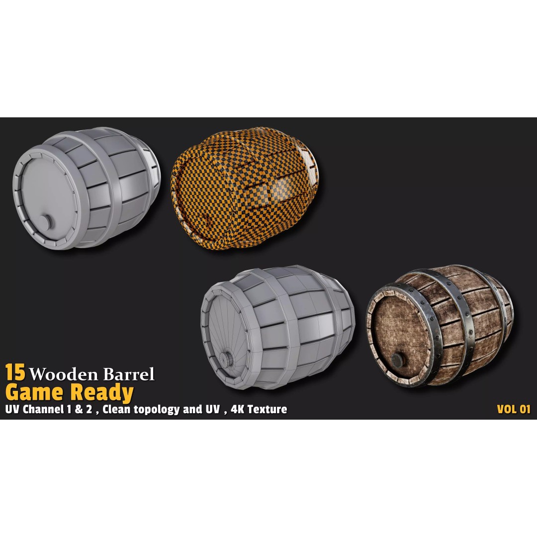 Wooden Barrel 3D Model – Low Poly Game Ready Asset, FBX, OBJ - View 5