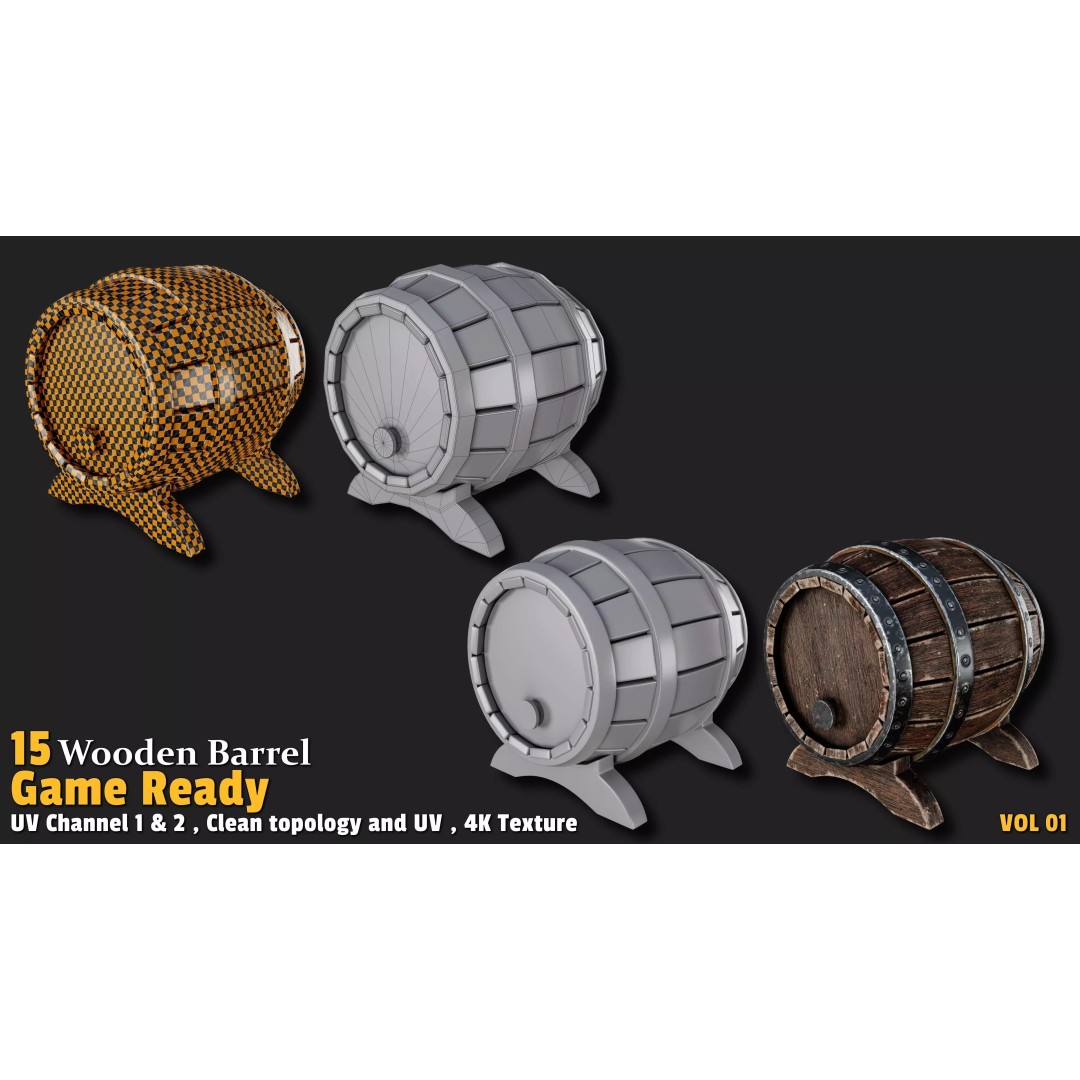 Wooden Barrel 3D Model – Low Poly Game Ready Asset, FBX, OBJ - View 6
