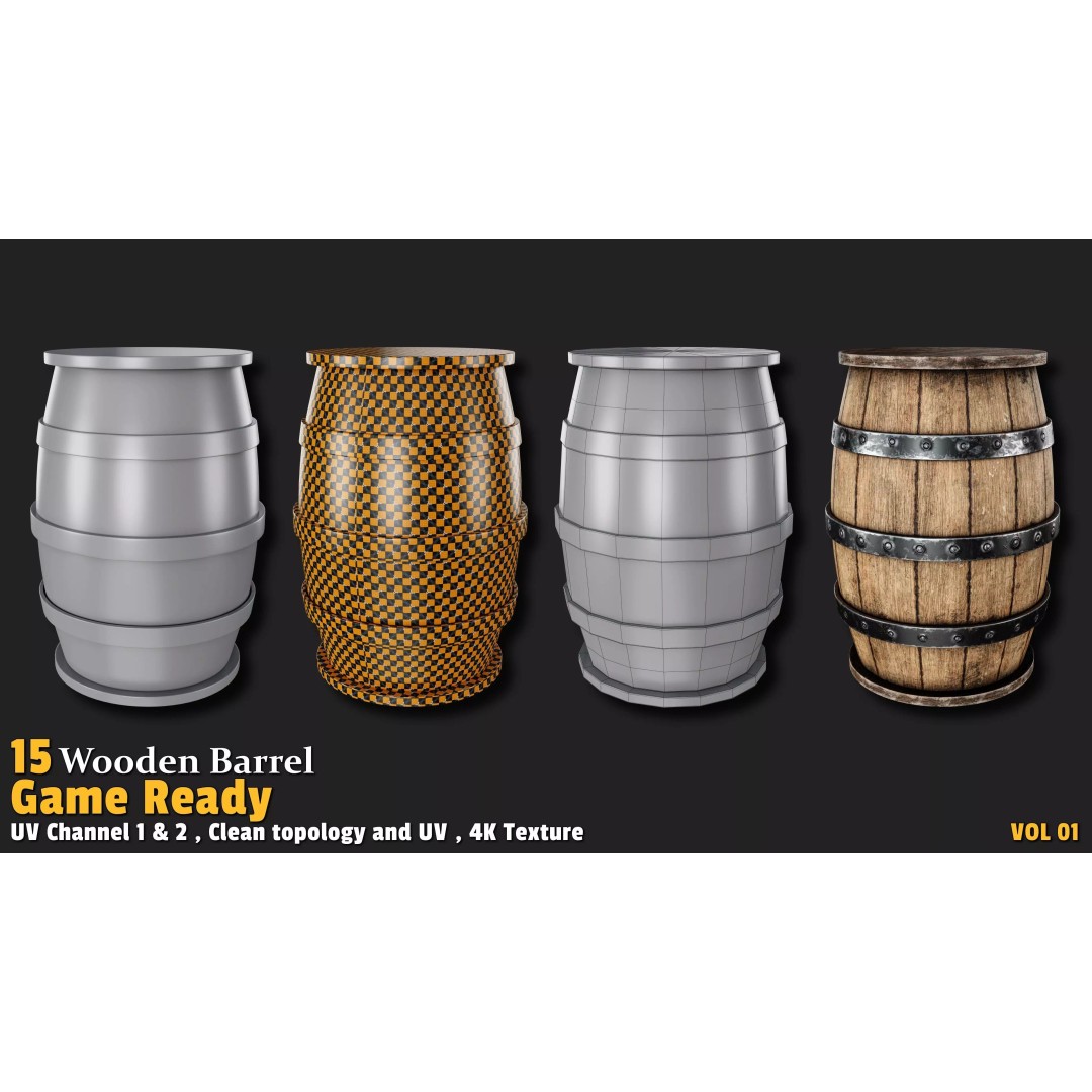 Wooden Barrel 3D Model – Low Poly Game Ready Asset, FBX, OBJ - View 7