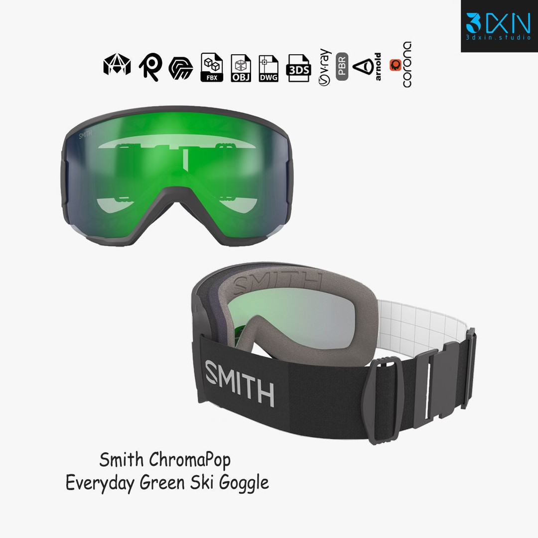 Smith ChromaPop Everyday Green Ski Goggle 3D Model – High Poly PBR Asset, FBX, OBJ - View 3