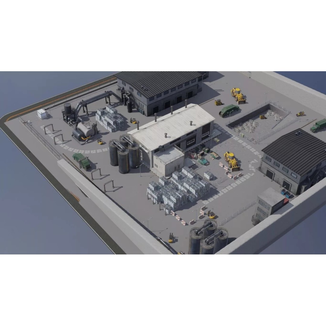 Industrial Waste Processing Facility 3D Model – Realistic Environment, PBR Textures
