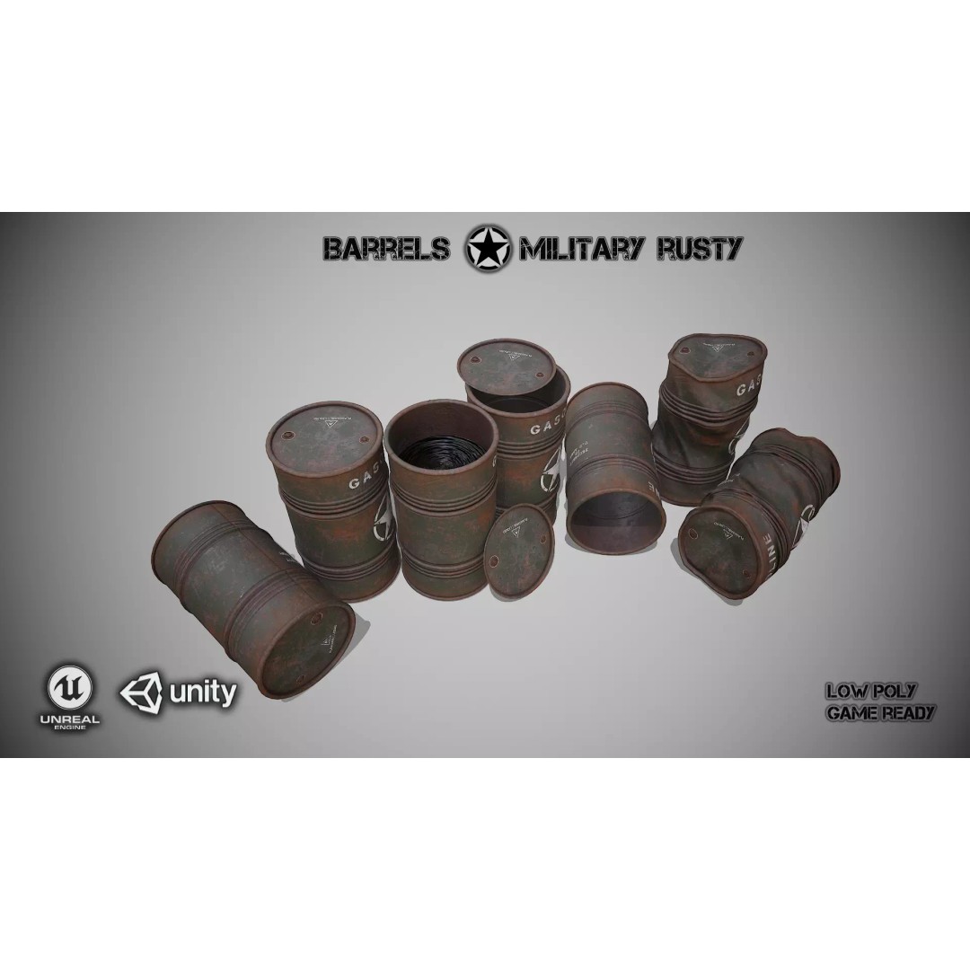 Military Barrels 3D Model – Low Poly Game Asset, FBX, PBR Textures - View 2