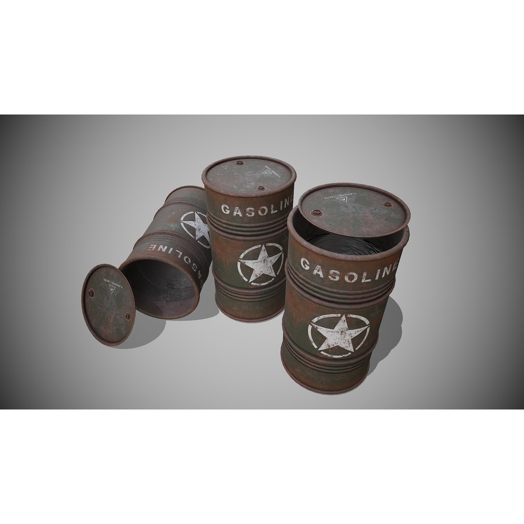 Military Barrels 3D Model – Low Poly Game Asset, FBX, PBR Textures - View 3