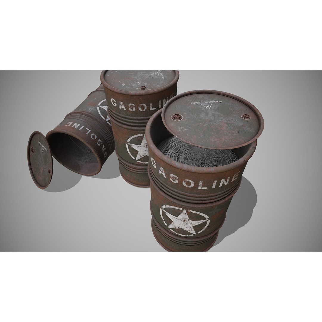 Military Barrels 3D Model – Low Poly Game Asset, FBX, PBR Textures - View 4