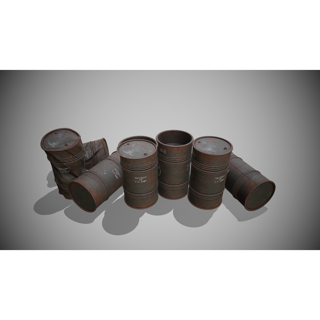 Military Barrels 3D Model – Low Poly Game Asset, FBX, PBR Textures - View 7