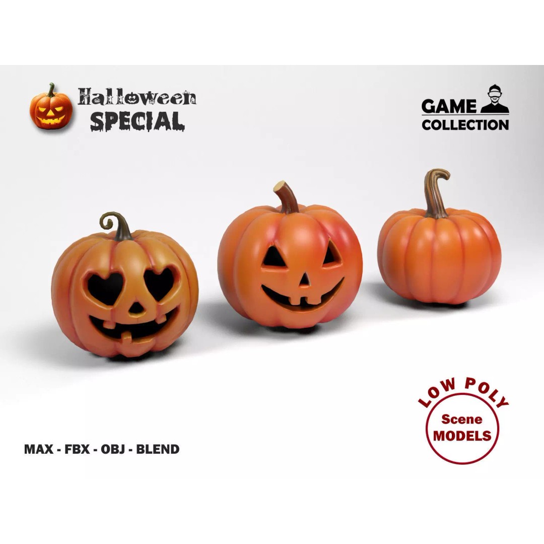 Halloween Pumpkins 3D Model – Low Poly Game Asset, FBX, OBJ, Blender - View 2