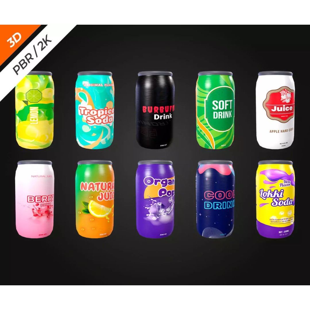 Soda Cans 3D Model – Low Poly Game Asset, PBR Textures, FBX - View 13