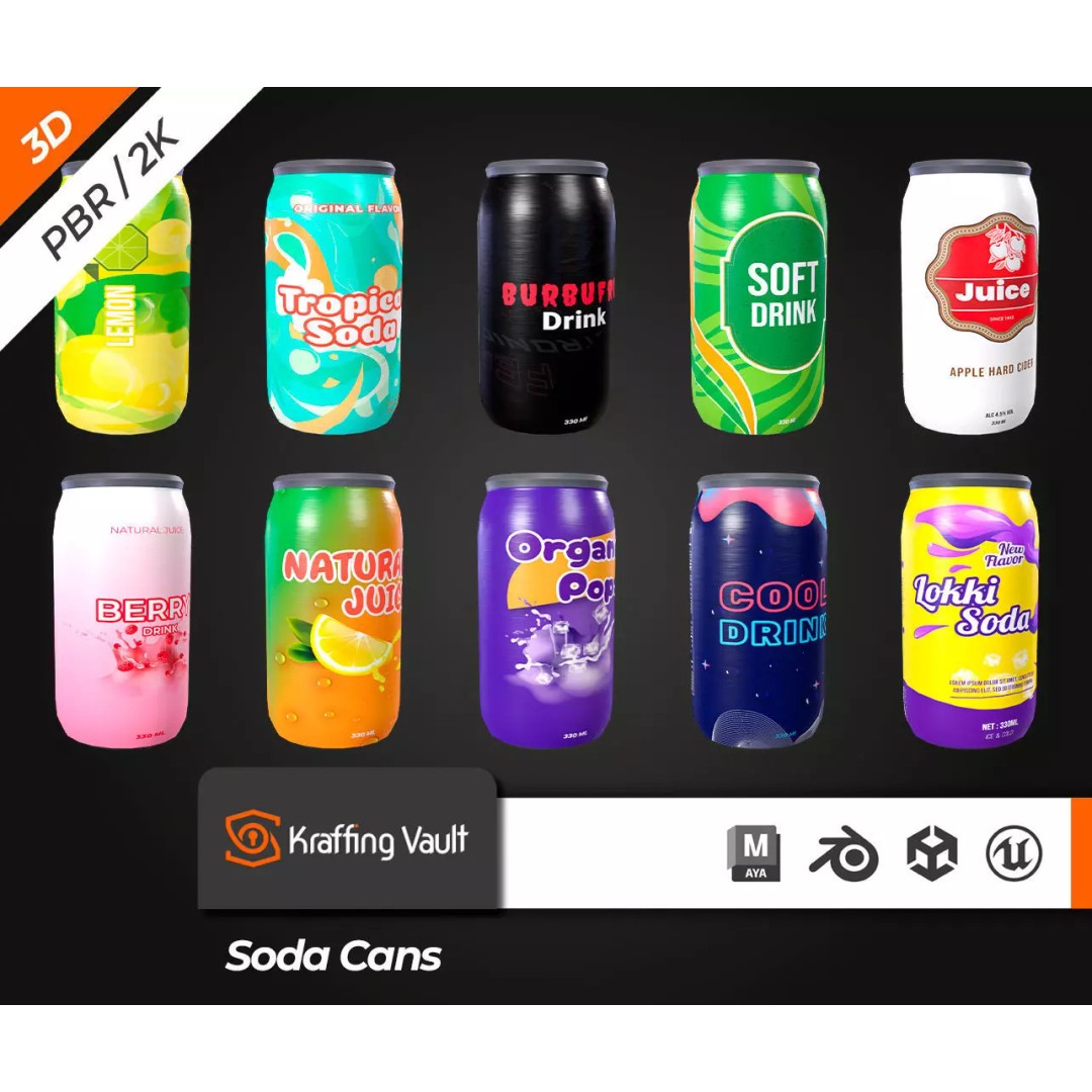 Soda Cans 3D Model – Low Poly Game Asset, PBR Textures, FBX - View 2