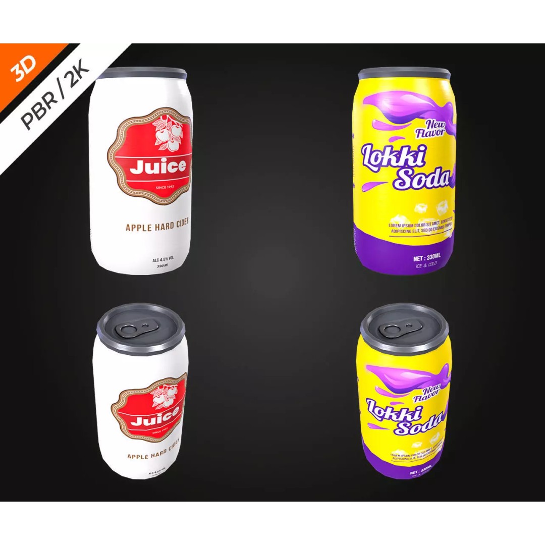 Soda Cans 3D Model – Low Poly Game Asset, PBR Textures, FBX - View 3