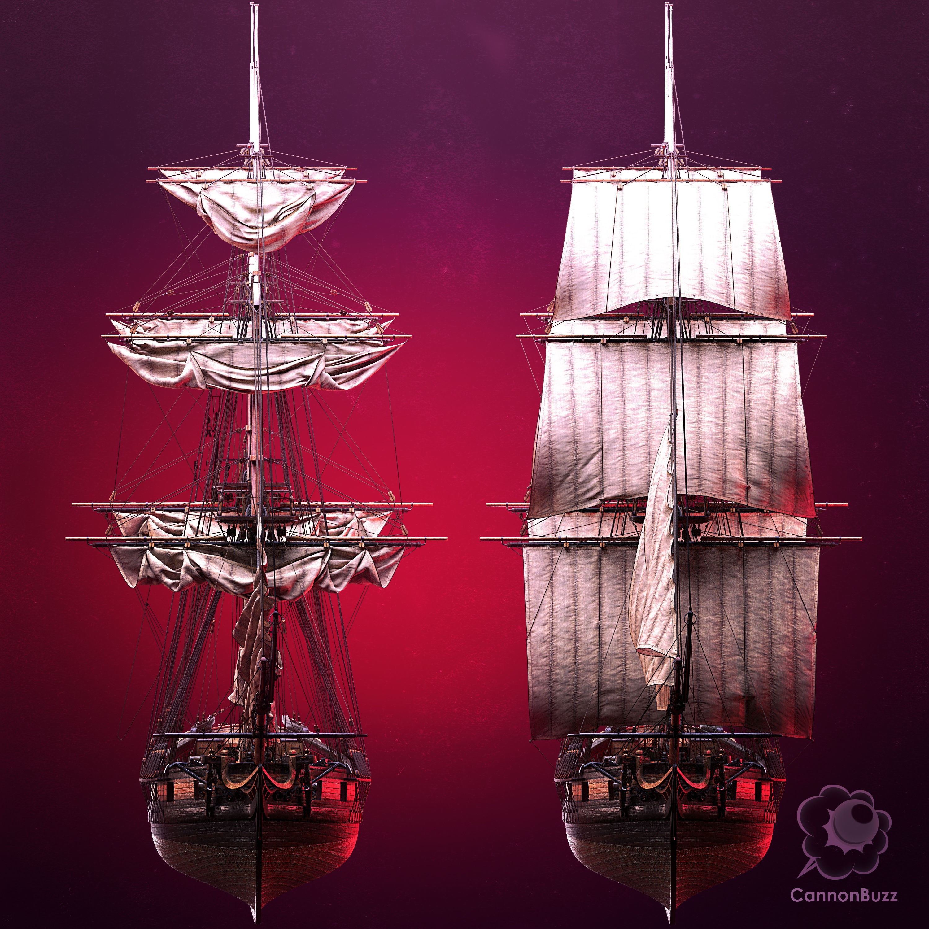 Brig Small Sail Ship - Low-Poly Game-Ready 3D Model - View 11