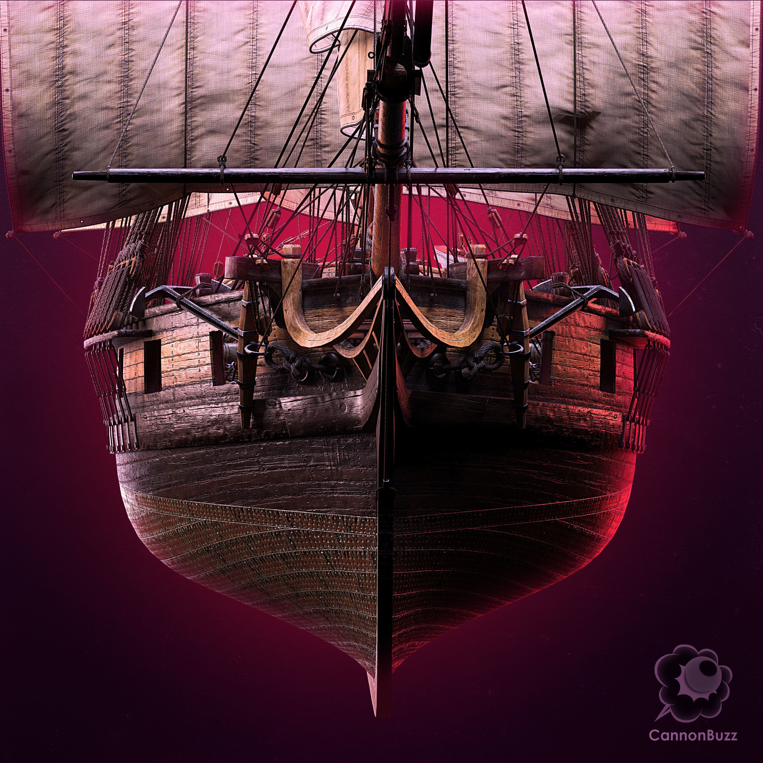 Brig Small Sail Ship - Low-Poly Game-Ready 3D Model - View 3
