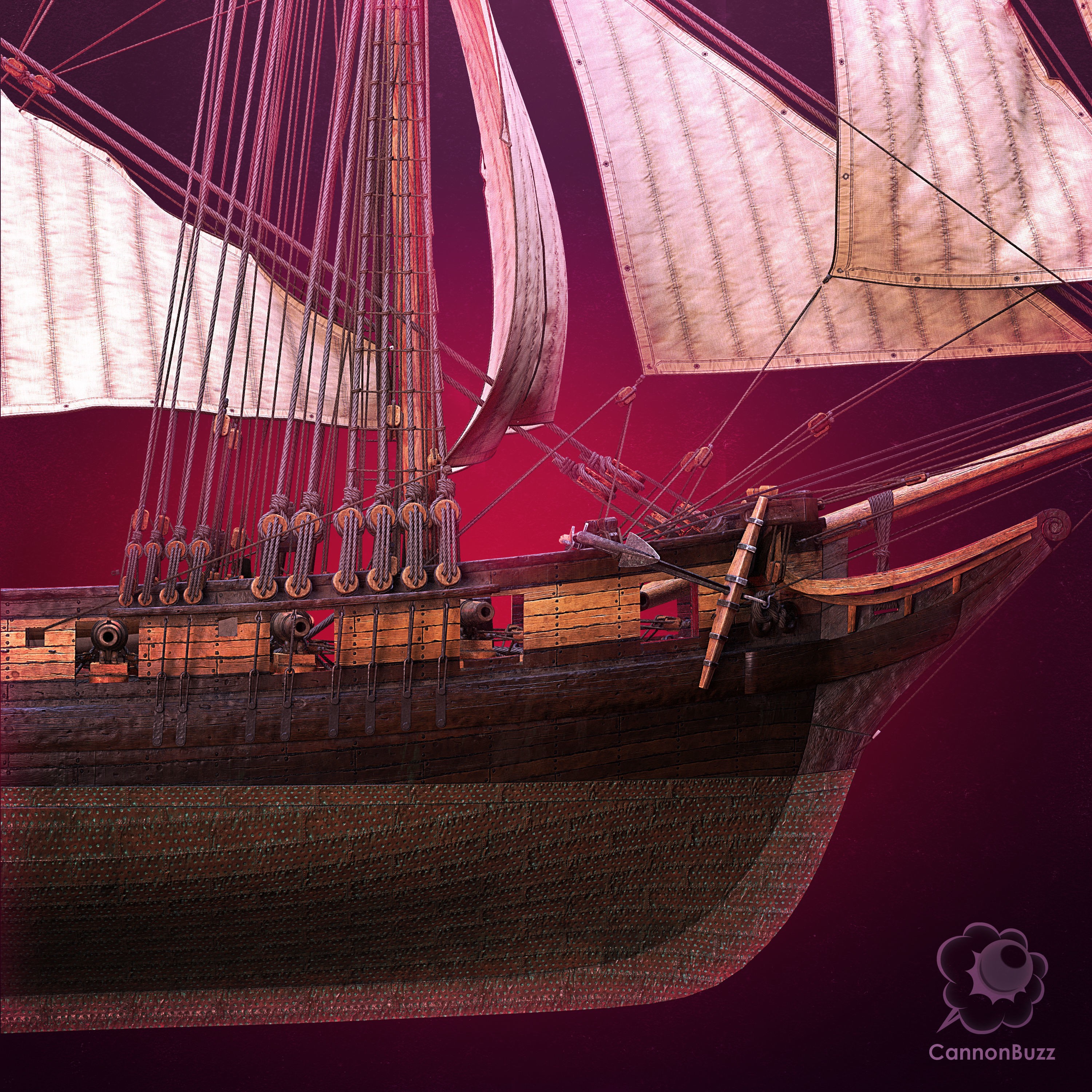 Brig Small Sail Ship - Low-Poly Game-Ready 3D Model - View 5