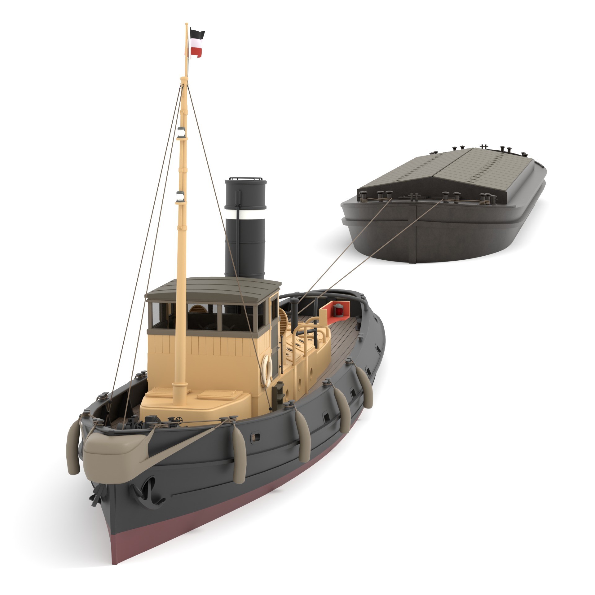 Steam Tug and Cargo Barge - Game-Ready 3D Model - View 5