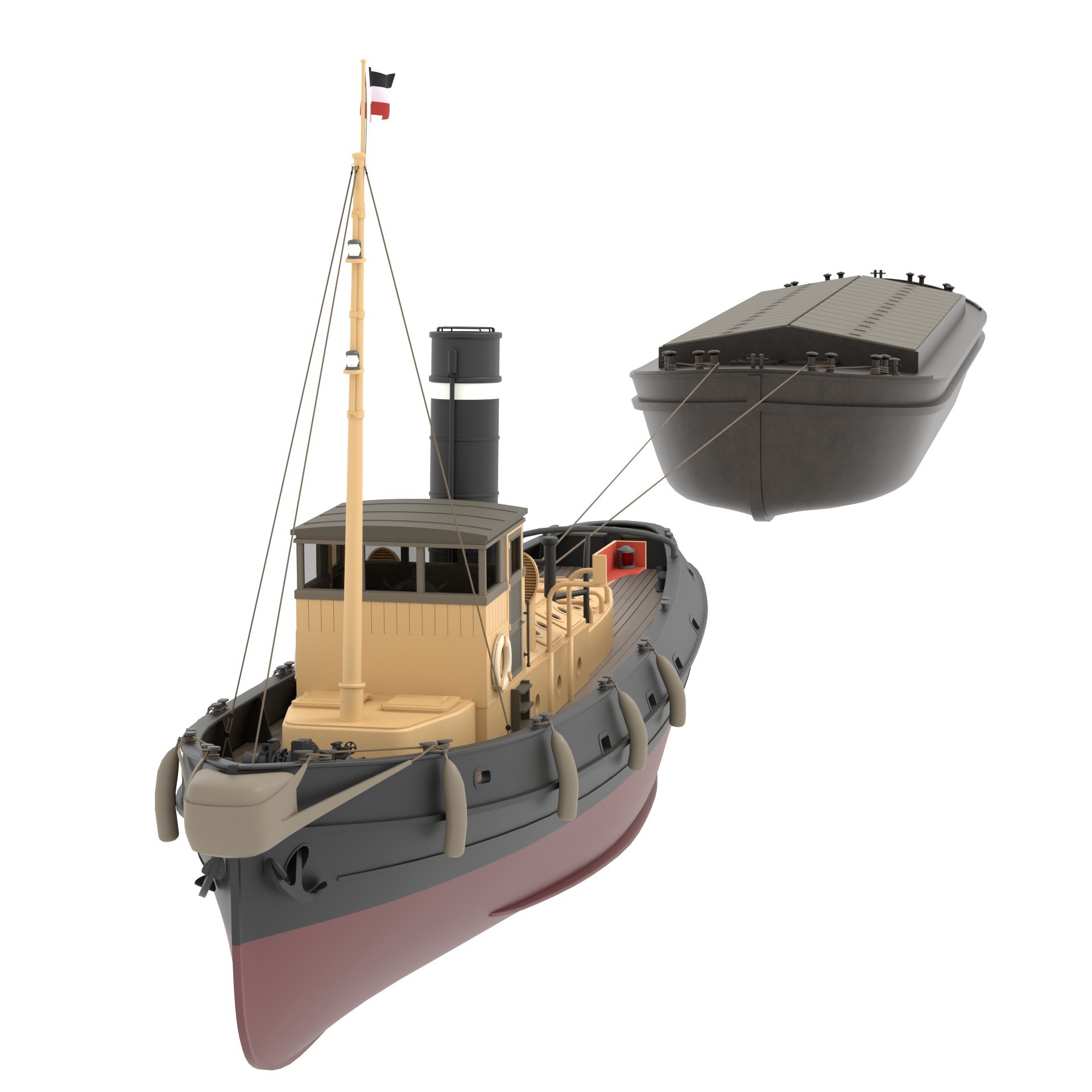 Steam Tug and Cargo Barge - Game-Ready 3D Model - View 7