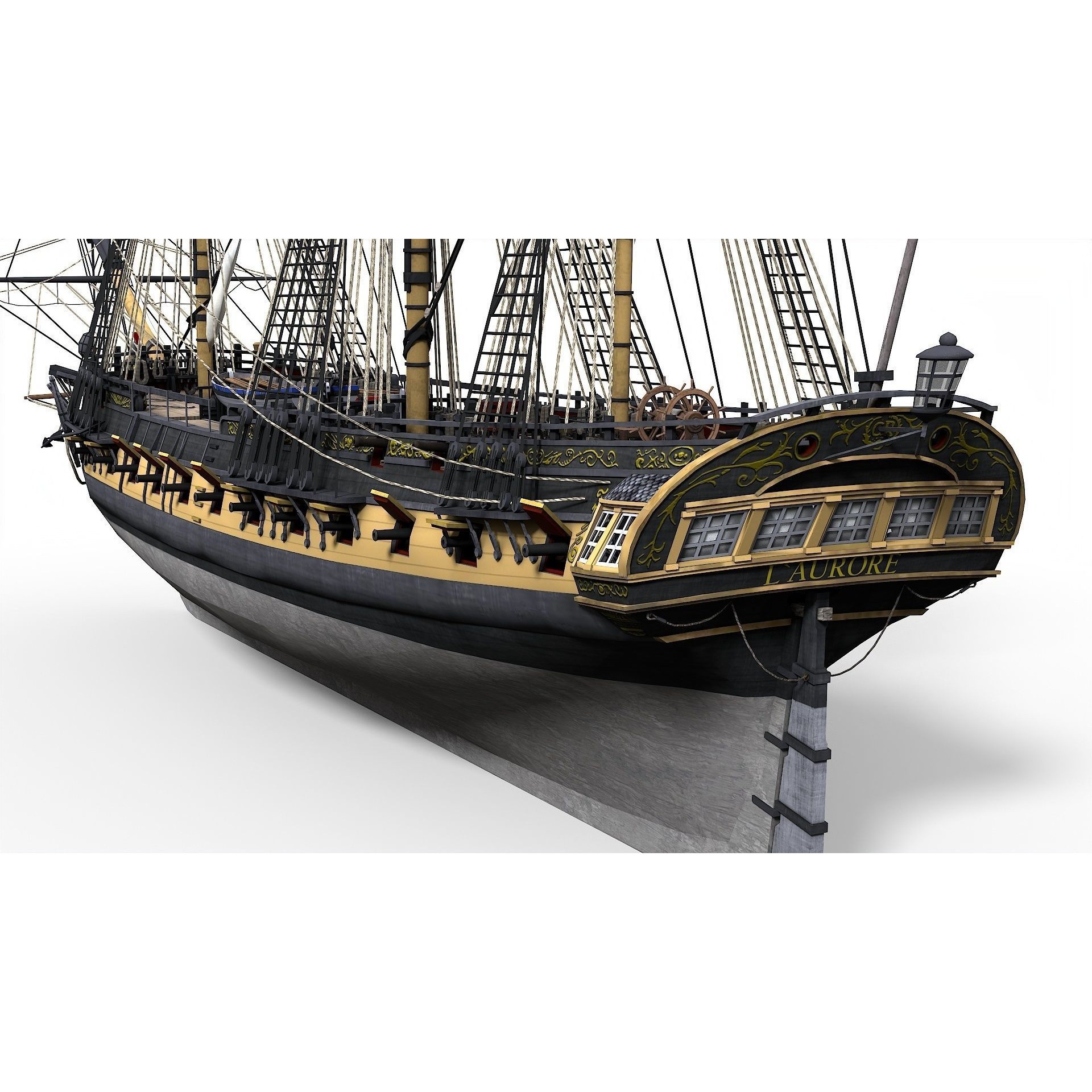 38 Gun Frigate Laurore - Low-Poly Game-Ready 3D Model - View 8