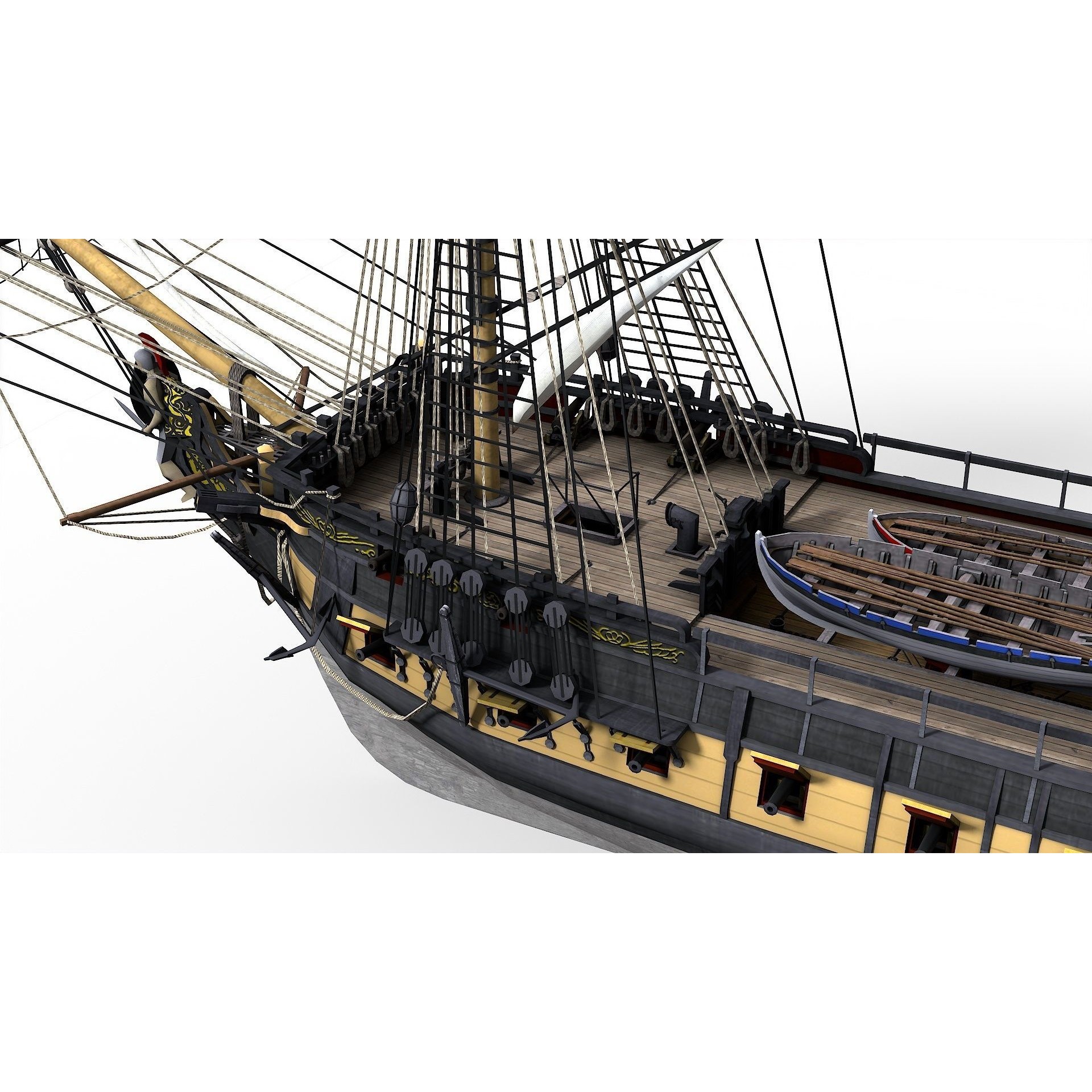 38 Gun Frigate Laurore - Low-Poly Game-Ready 3D Model - View 9