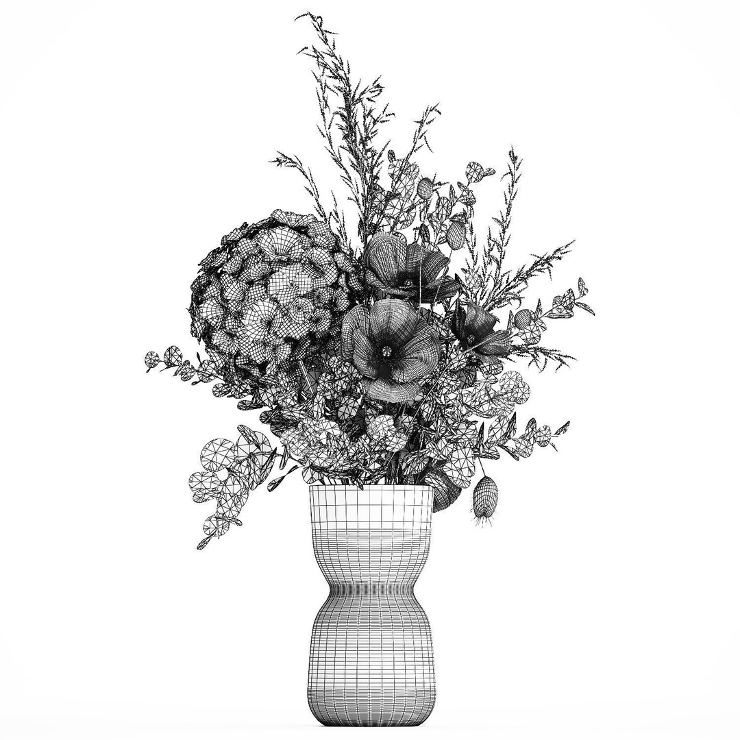 Bouquet of Dried Flowers 3D Model – Modern Decor in Glass Vase, PBR