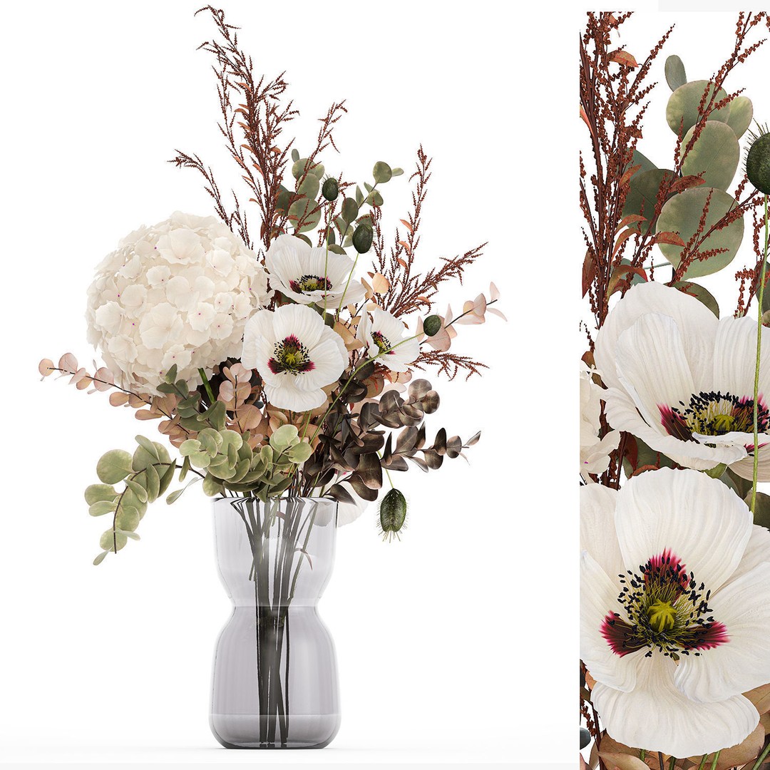 Bouquet of Dried Flowers 3D Model – Modern Decor in Glass Vase, PBR - View 10