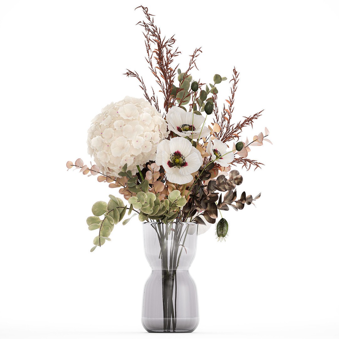 Bouquet of Dried Flowers 3D Model – Modern Decor in Glass Vase, PBR - View 11