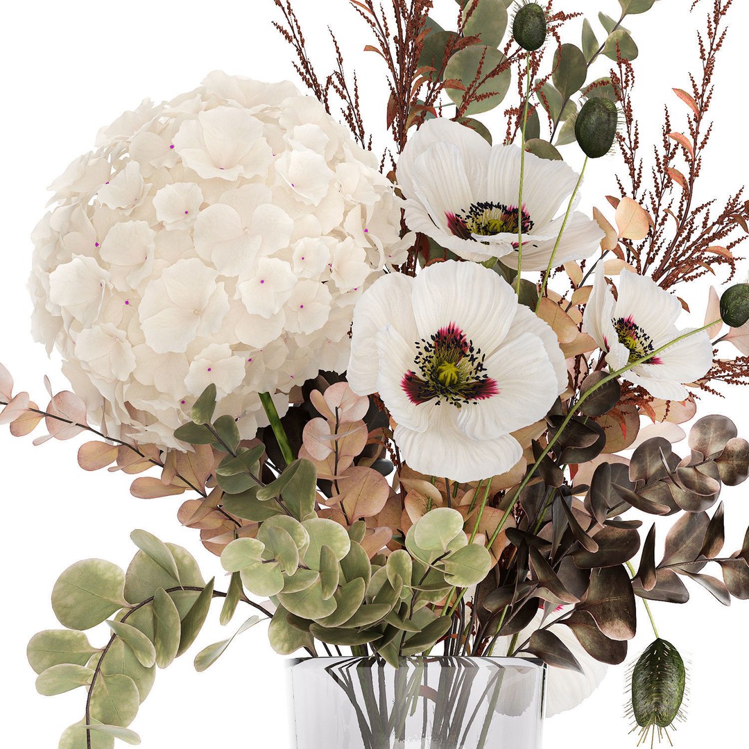 Bouquet of Dried Flowers 3D Model – Modern Decor in Glass Vase, PBR - View 13