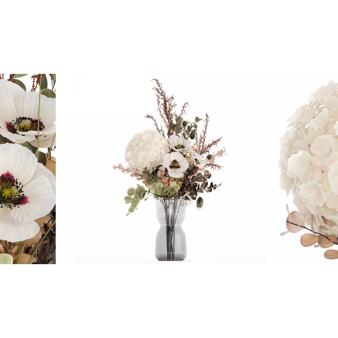 Bouquet of Dried Flowers 3D Model – Modern Decor in Glass Vase, PBR - View 2