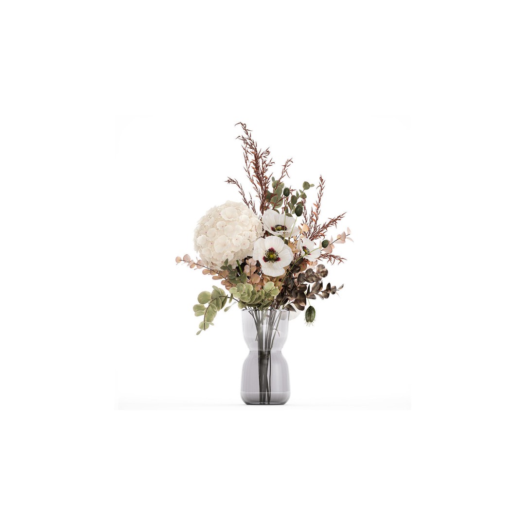 Bouquet of Dried Flowers 3D Model – Modern Decor in Glass Vase, PBR - View 3