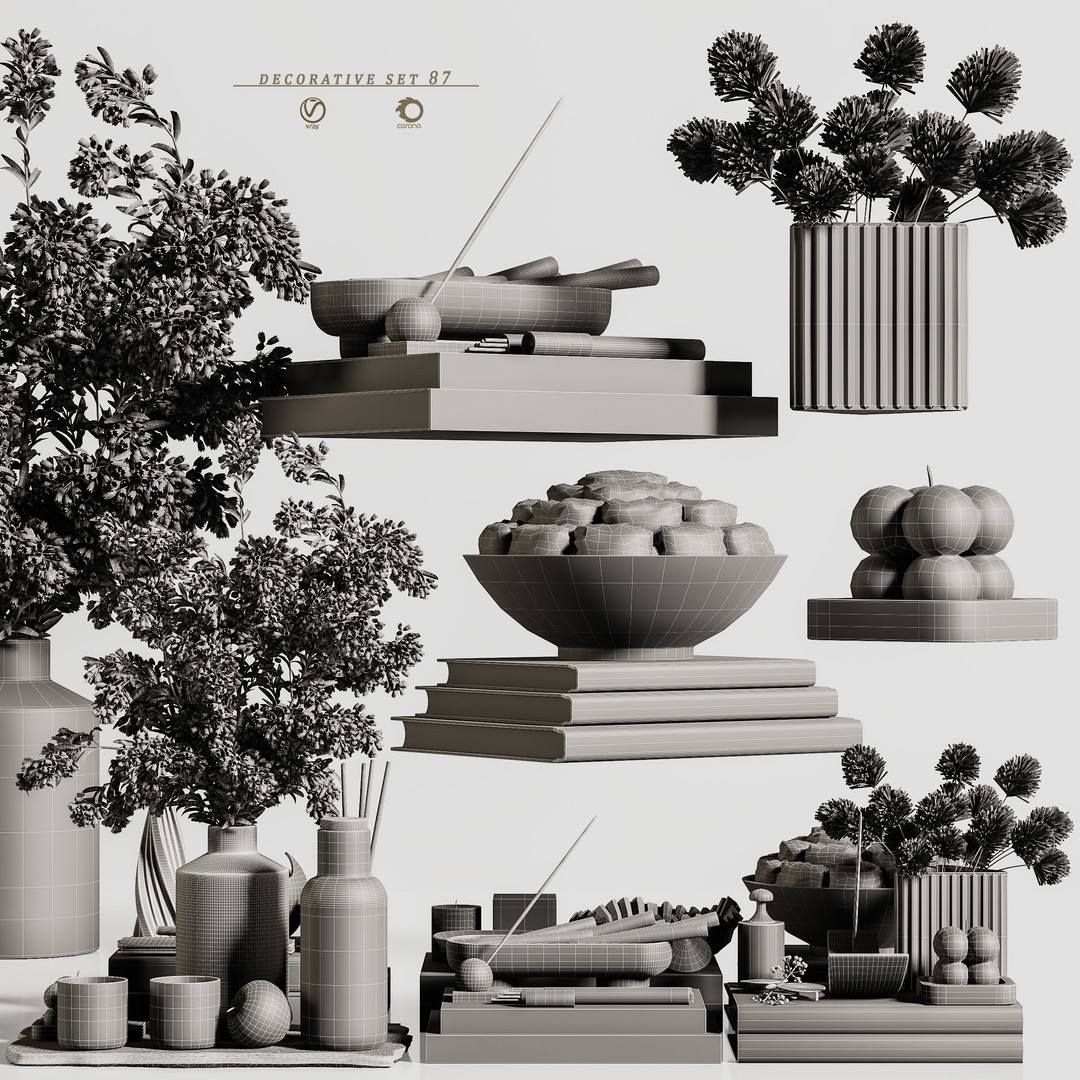Decorative Set 87 3D Model – Contemporary Living Room Decor, Vray/Corona/OBJ